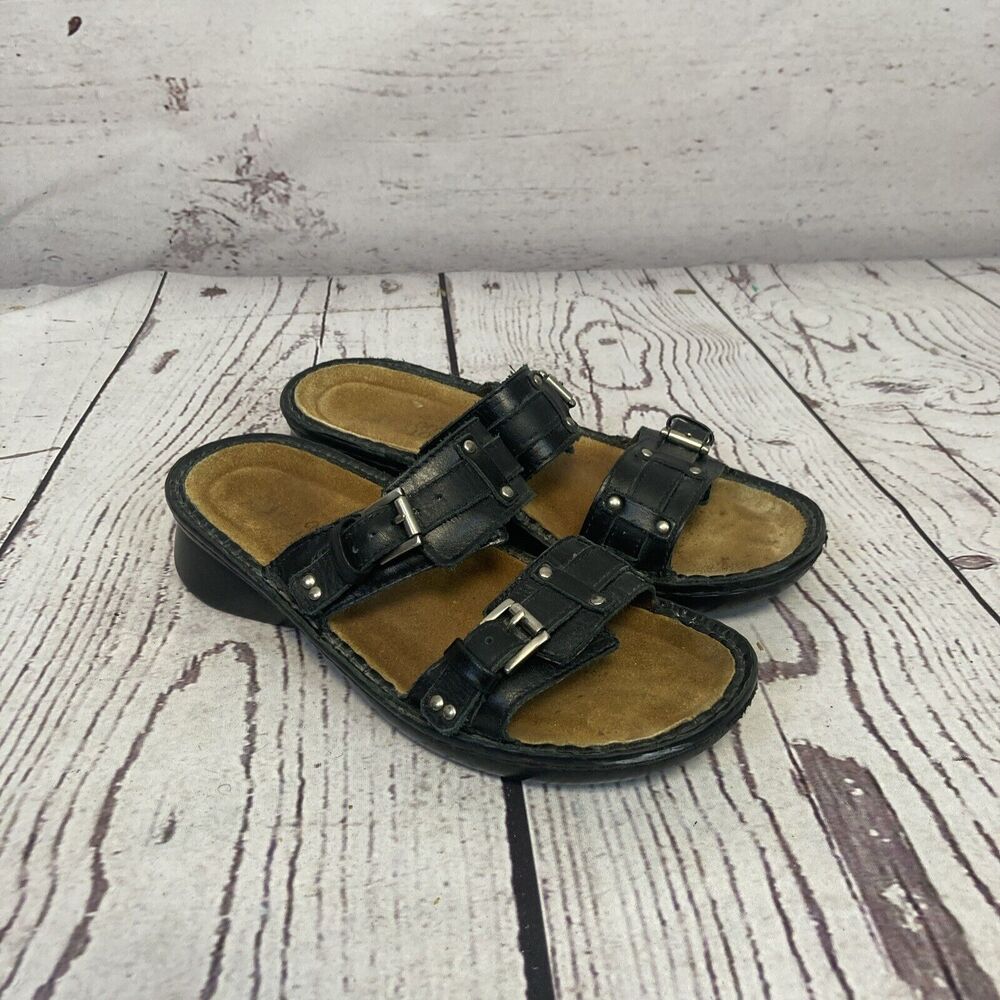 Naot Karaoke Wedge Sandals 6 Black Straps Side Buckle Open Toe Comfort